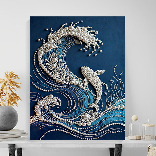 (40x50cm)DIY Pearl Painting Framed Wave Fish Handmade Pearl Material Art Kit