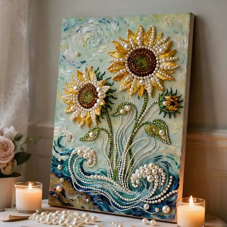 (40x50cm)DIY Pearl Painting Framed Sunflower Handmade Pearl Material Art Kit