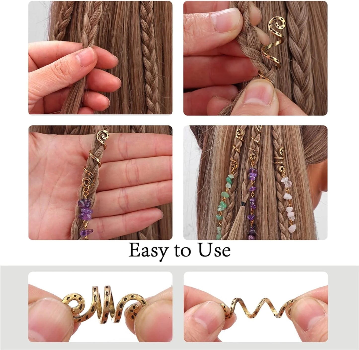 Natural Crystal Stone Spiral Hair Accessory | Braids & Dreadlock-Specific Band ✨ Infuse Magic into Every Strand ✨