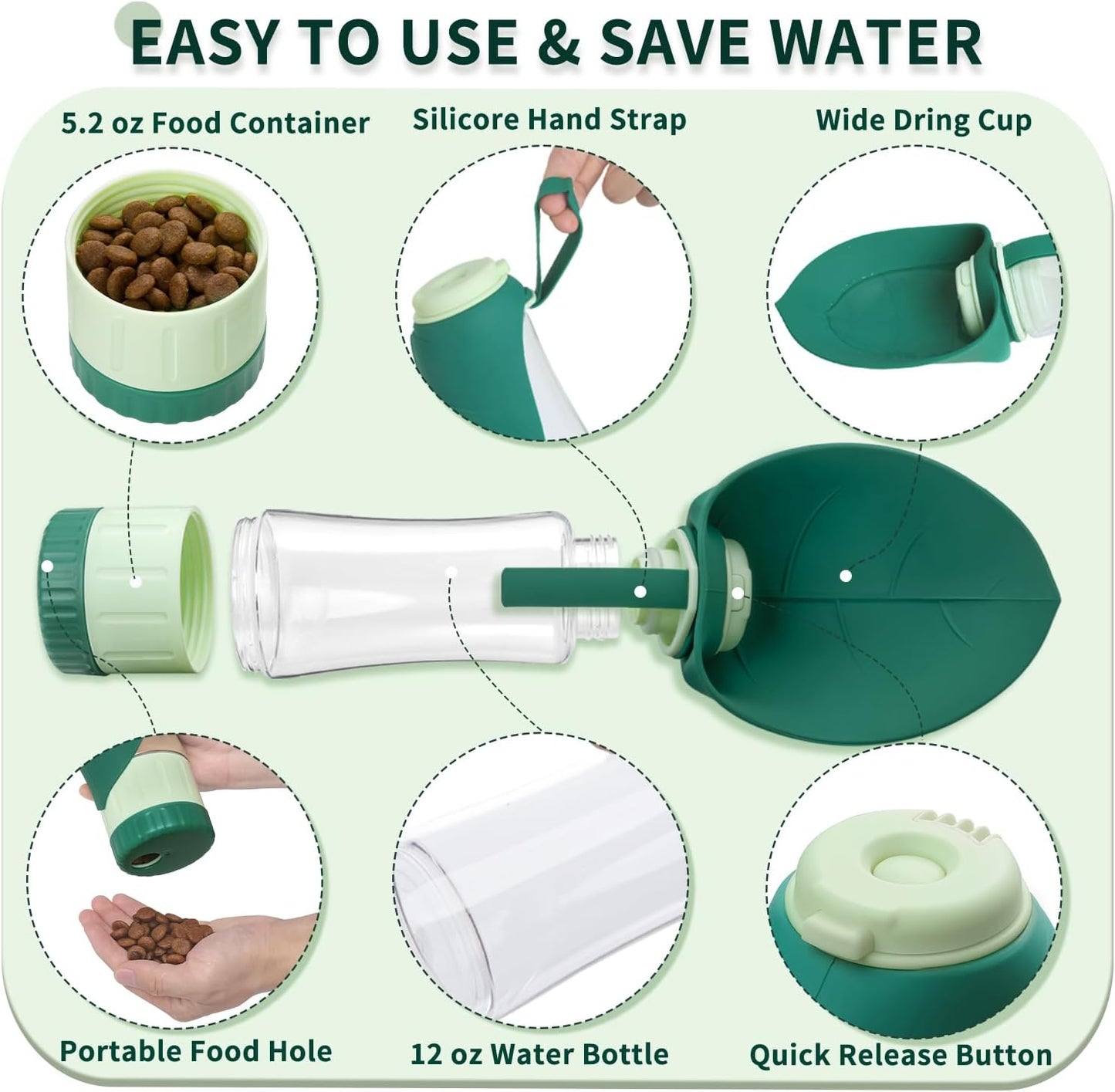 Food-Grade Portable Silicone Leak-Proof Pet Water Bottle with Food Container and Drinking Dispenser