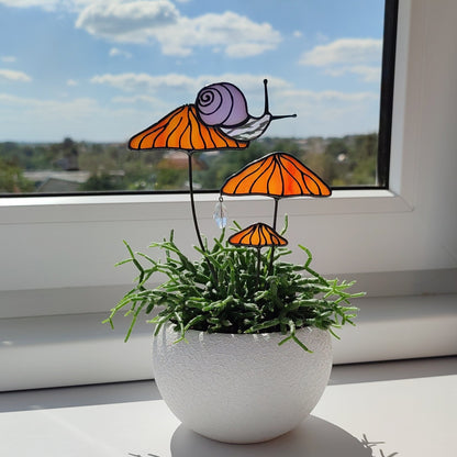 Magical Snail on Orange Mushroom Plant Stake🎁Perfect christmas Gift for Friend