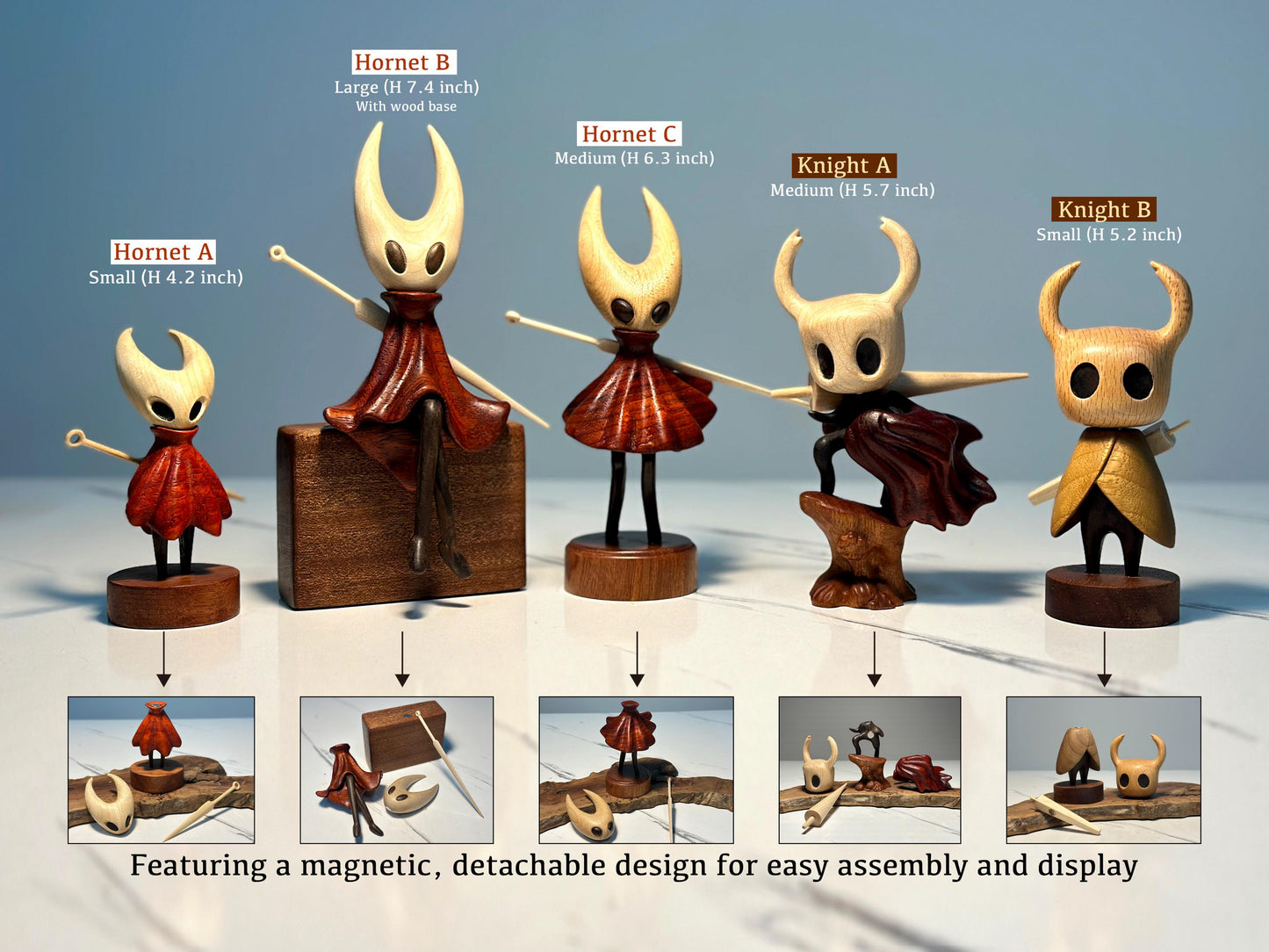 Hollow Knight Inspired Walnut Wood Sculpture • Magnetic Detachable Figurine • Wood Carving Gift