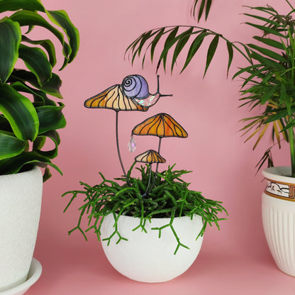 Magical Snail on Orange Mushroom Plant Stake🎁Perfect christmas Gift for Friend