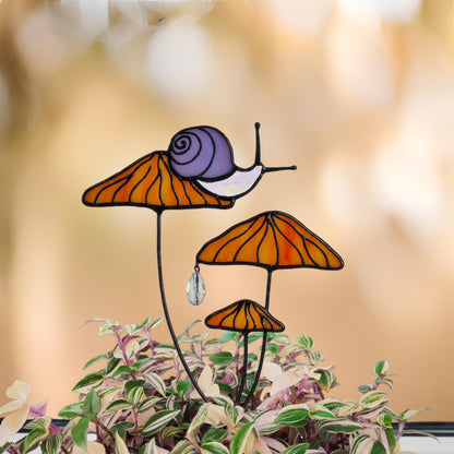 Magical Snail on Orange Mushroom Plant Stake🎁Perfect christmas Gift for Friend