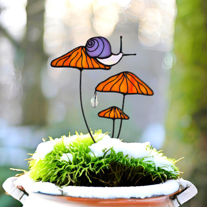 Magical Snail on Orange Mushroom Plant Stake🎁Perfect christmas Gift for Friend