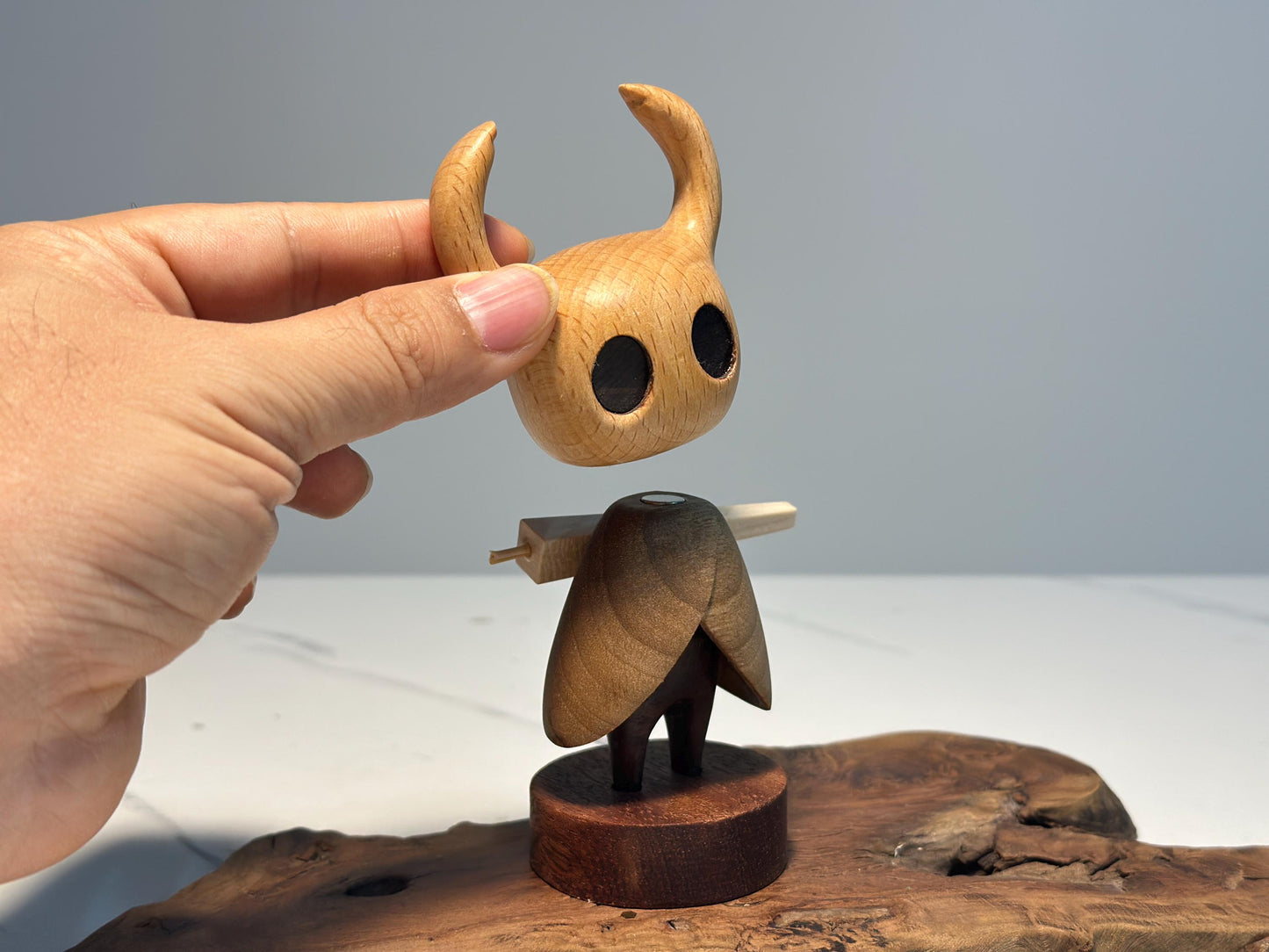 Hollow Knight Inspired Walnut Wood Sculpture • Magnetic Detachable Figurine • Wood Carving Gift