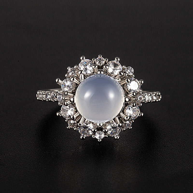 Handcrafted Ice Grade Natural Agate Jade Egg-Shaped Ring – Set with 266 Diamonds, Semi-Transparent & Sparkles Brightly in Sunlight!