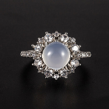 Handcrafted Ice Grade Natural Agate Jade Egg-Shaped Ring – Set with 266 Diamonds, Semi-Transparent & Sparkles Brightly in Sunlight!