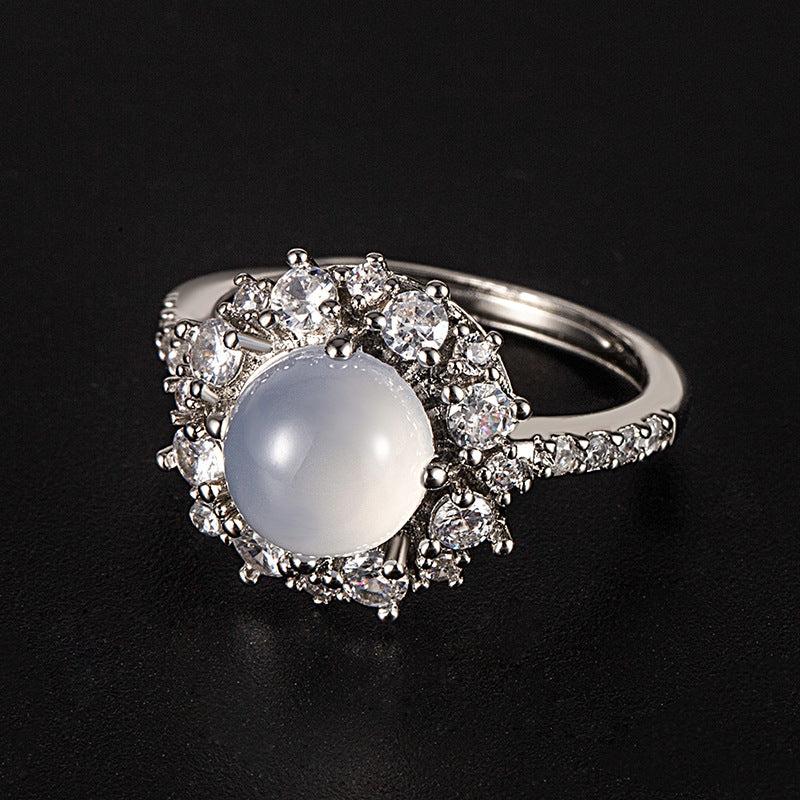 Handcrafted Ice Grade Natural Agate Jade Egg-Shaped Ring – Set with 266 Diamonds, Semi-Transparent & Sparkles Brightly in Sunlight!