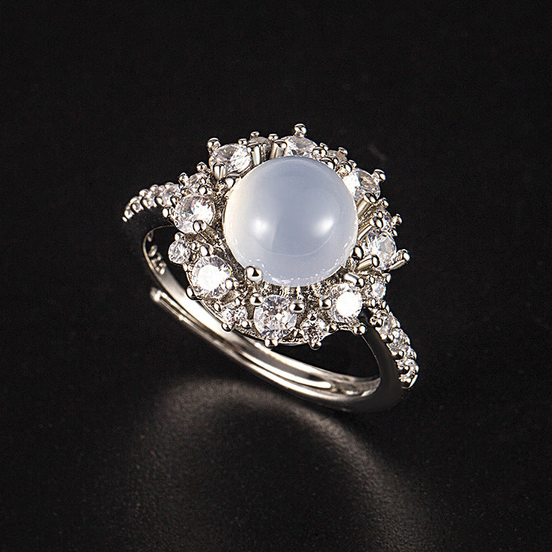 Handcrafted Ice Grade Natural Agate Jade Egg-Shaped Ring – Set with 266 Diamonds, Semi-Transparent & Sparkles Brightly in Sunlight!