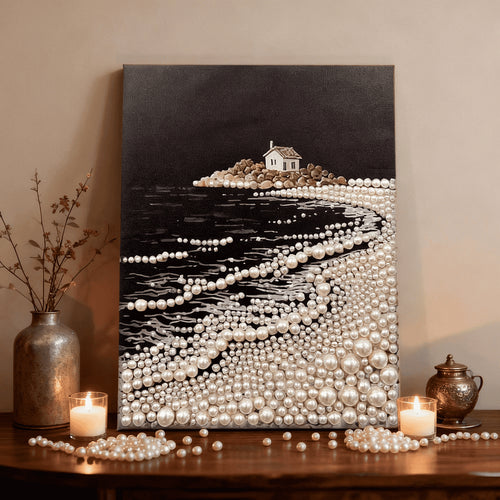 (40x50cm)DIY Pearl Painting Framed Seaside House Handmade Pearl Material Art Kit