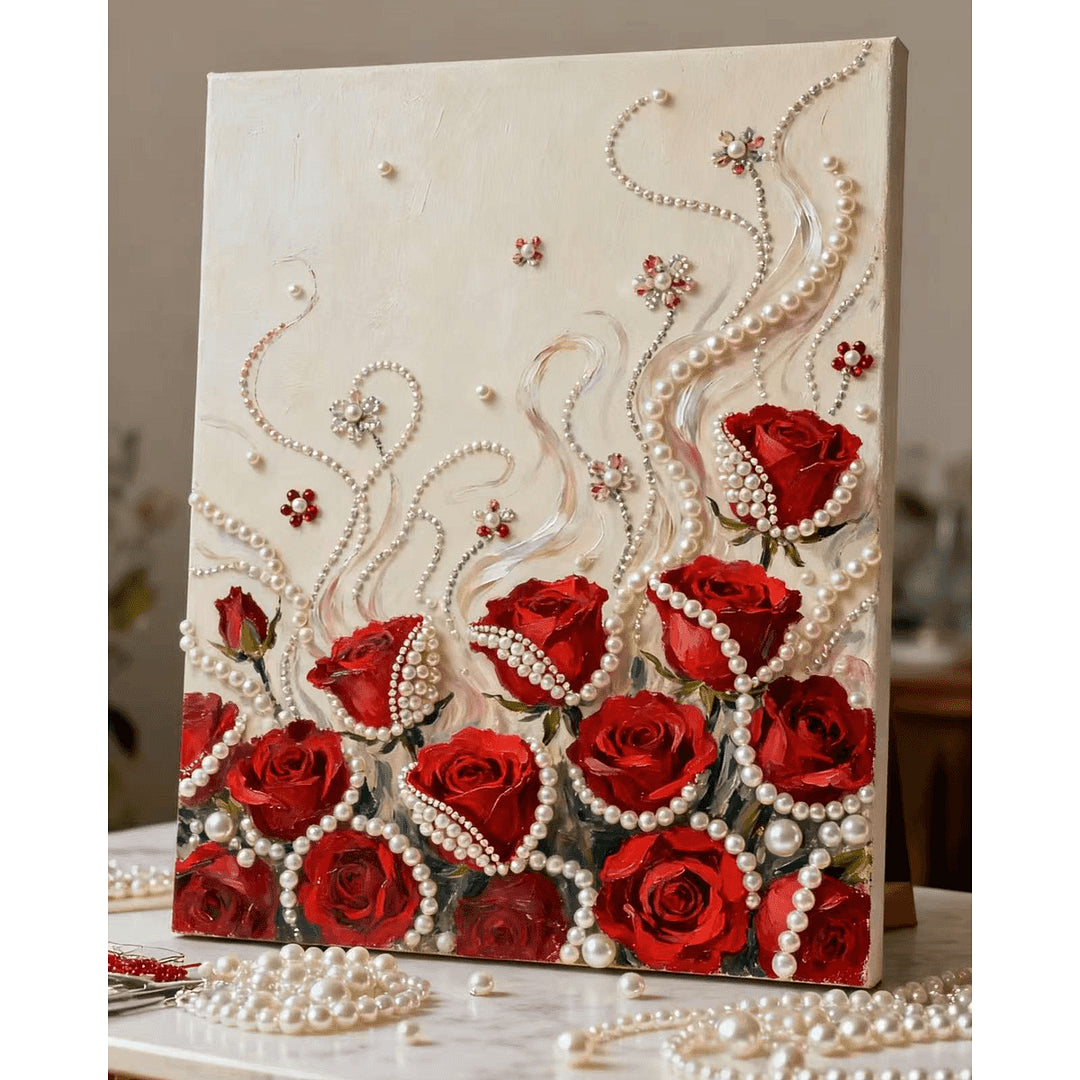 (40x50cm)DIY Pearl Painting Framed Rose Flower Handmade Pearl Material Art Kit