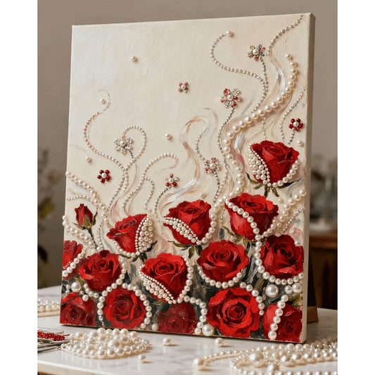 (40x50cm)DIY Pearl Painting Framed Rose Flower Handmade Pearl Material Art Kit